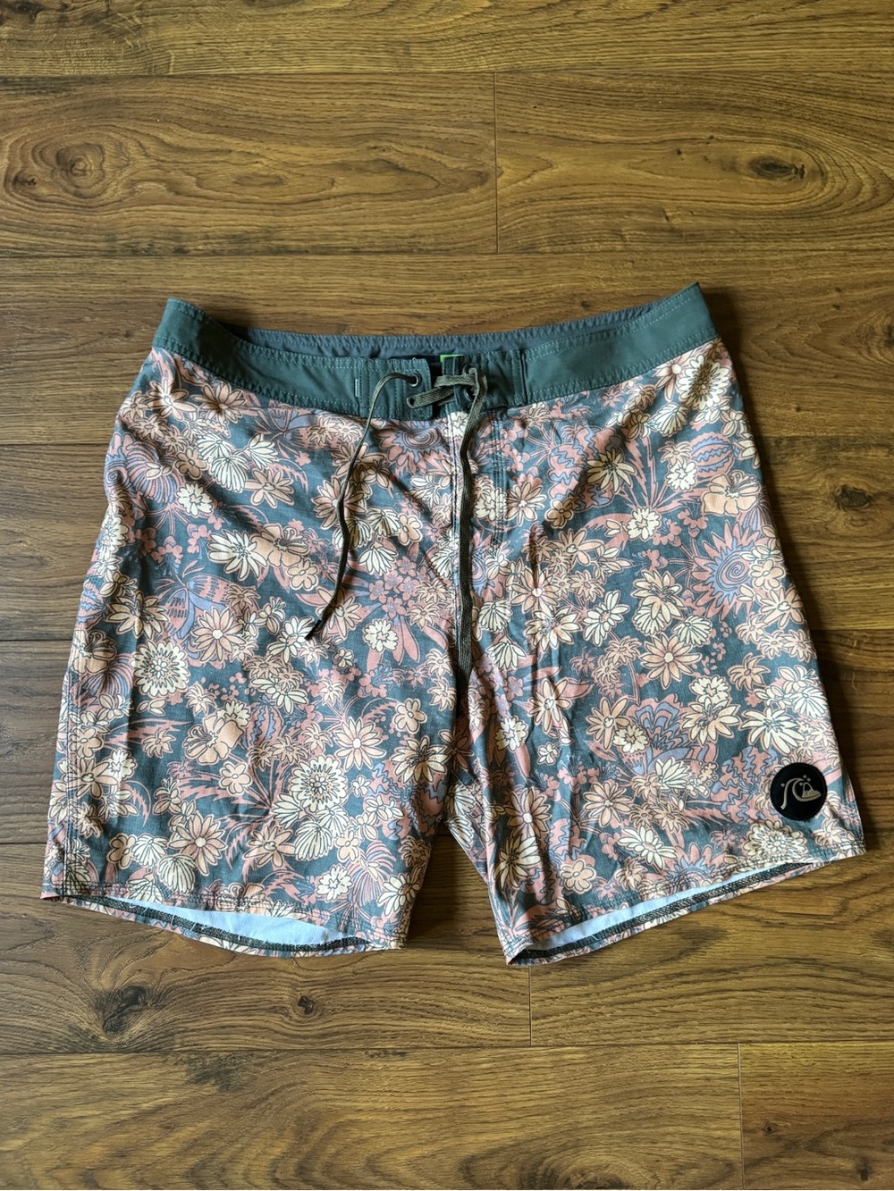 Quiksilver Floral Swim Trunks in Slate Green and Dusty Pink